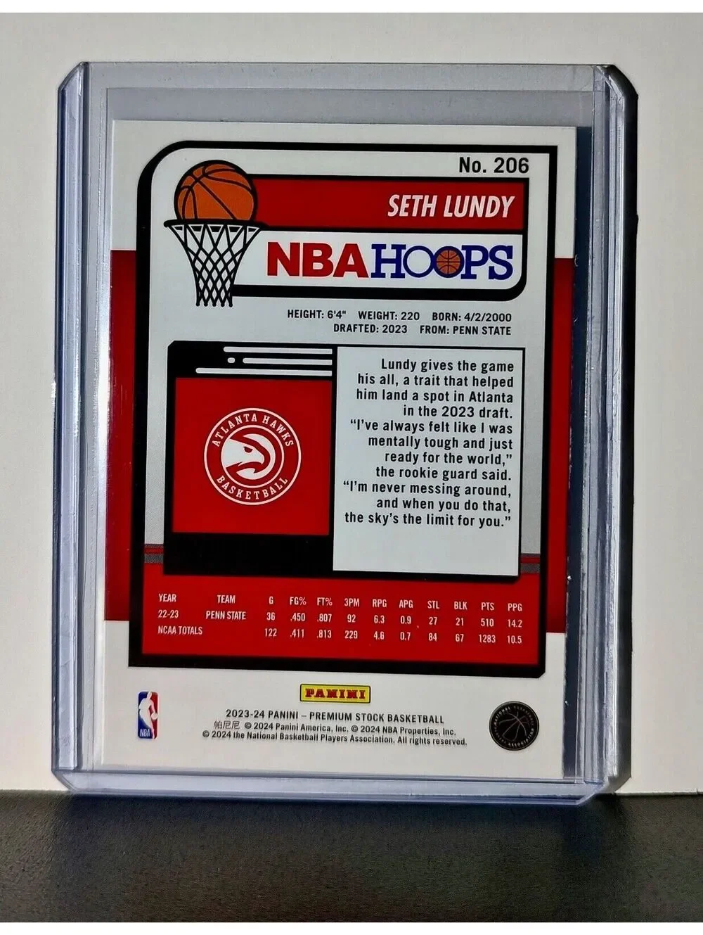 Seth Lundy 2023-24 Panini Premium Stock NBA Hoops #206 Rookie Card Atlanta Hawks